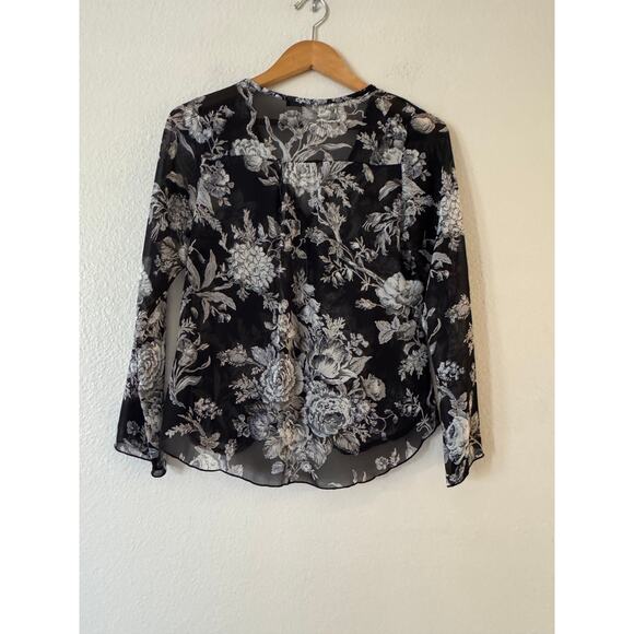 Foreign Exchange Surplice Wrap Hi Low Blouse S Black Floral Sheer Long Sleeve - Picture 3 of 8